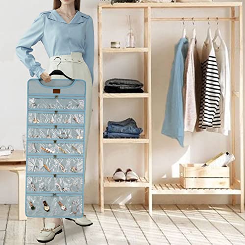 SMRITI Hanging Jewelry Organizer with Dual Zippered Pockets Canvas Double Sided Rotating Hanger Necklace Hanging Wall Organizer Earring Dustproof Holder Wall Mount Accessories Display Bag(Light Blue) - color: Blue