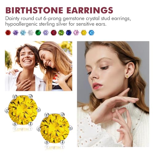 DAYBYDAY 925 Sterling Silver Birthstone Earrings for Women, Crystal Stud Earrings, 6.5mm Round Cut Solitaire Gemstone Earrings Birthday Jewelry - style: Round Cut-11. Nov/created citrine