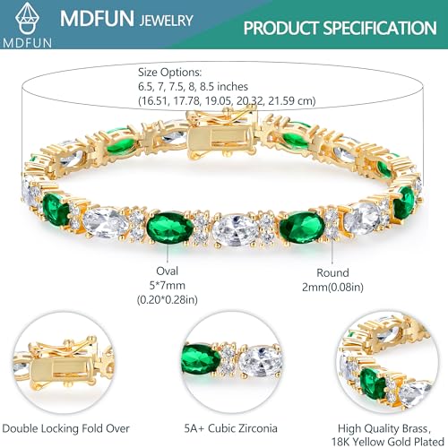MDFUN 18K White/Yellow Gold Plated Green/Blue 5 * 7MM Oval 5A+ Cubic Zirconia Tennis Bracelet for Women Birthstone Jewelry Gift 6.5-8.5 inch - color: 18K Yellow Gold -Green