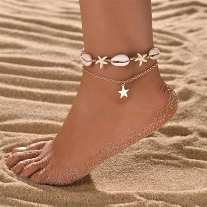 Shell Ankle Bracelet Set for Women,Boho Adjustable Beads Anklet Pack Natural White Shells Stack Stretch Seashell Pearl Starfish Bracelet Set Hawaiian Beach Vacation Foot Jewelry - style: M-Starfish Shell