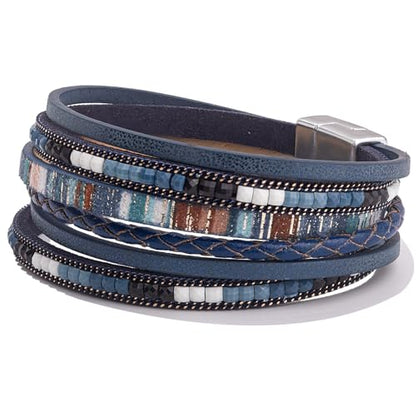 Boho Layered Leather Wrap Bracelets Chunky Western Country Hippie Jewelry | Stackable Bohemian Cowgirl Magnetic Clasp Cuff Bangle Set Fashion Stack Statement Festival Trendy Jewelry Gifts for Women - color: Navy Blue