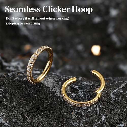 FASACCO 20G 18G 16G Cartilage Hoop Earring 316L Surgical Steel Silver Huggie Hoop Earrings Hypoallergenic Hinged Segment Rings Septum Nose Hoops Daith Conch Helix Tragus Piercing Jewelry 6mm/8mm/10mm - style: Gold-18G-6MM