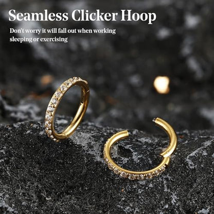 FASACCO 20G 18G 16G Cartilage Hoop Earring 316L Surgical Steel Silver Huggie Hoop Earrings Hypoallergenic Hinged Segment Rings Septum Nose Hoops Daith Conch Helix Tragus Piercing Jewelry 6mm/8mm/10mm - style: Gold-18G-6MM