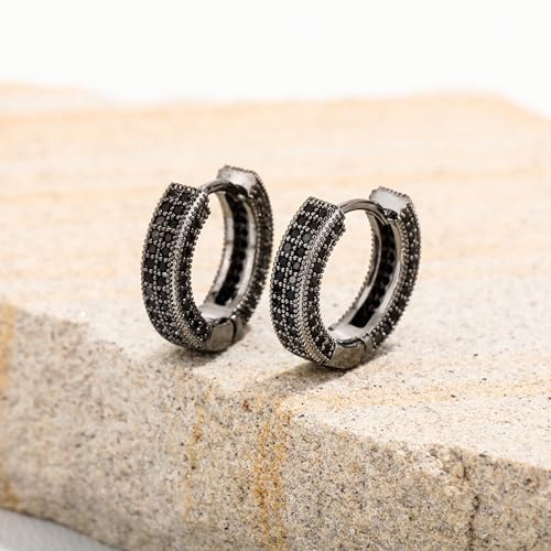 Iced Out Hoop Earrings Cubic Zirconia Huggie Cartilage Cuff Hypoallergenic 14K Gold Plated Luxury Fashion Round Circle Earrings For Men Women - color: 02 Black