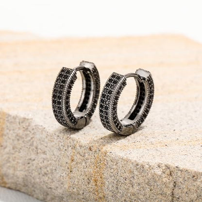 Iced Out Hoop Earrings Cubic Zirconia Huggie Cartilage Cuff Hypoallergenic 14K Gold Plated Luxury Fashion Round Circle Earrings For Men Women - color: 02 Black
