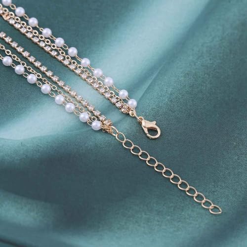 Vintage Layered Pearl Rhinestone Lariat Necklace Long Rhinestone Y Drop Necklace Gold Pearl Chain Necklace Sparkly Cz Tennis Necklace Jewelry for Women