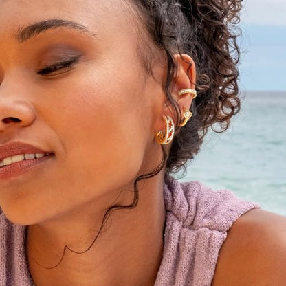 Dremmy Studios Dainty CZ Huggie Hoop Earrings 14K Gold Plated Chunky Simple Cute Thick Round Frill Bead Ball Starburst Cuff Earrings Cubic Zirconia Hoop Earrings Minimalist Personalized Gift for Her - color: White & Red CZ
