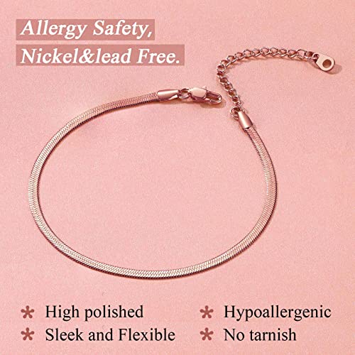 FindChic Elegant Herringbone Snake Chain Anklets/Bracelets 3MM/5MM Width Stainless Steel/18K Gold/Rose Gold Plated/Black 4 Color Options, 8.3'' 8.5'' 10.5'' Length, with Gift Box - color: A: 3mm 8.5'' anklet (Rose Gold Plated)