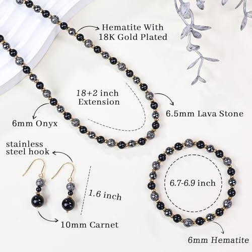 Beaded Necklaces for Women 3Pcs Colorful Boho Gemstone Bead Choker Summer Natural Stone Surfer Beach Bead Necklace Bracelets Earring Set Handmade Jewelry for Women Gift Jewelry Sets - color: Black/Grey