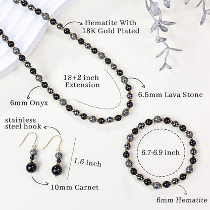 Beaded Necklaces for Women 3Pcs Colorful Boho Gemstone Bead Choker Summer Natural Stone Surfer Beach Bead Necklace Bracelets Earring Set Handmade Jewelry for Women Gift Jewelry Sets - color: Black/Grey