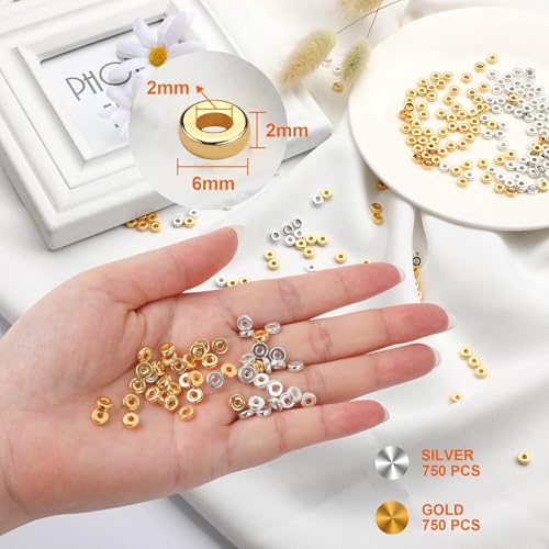 1500pcs 6mm Gold Silver Flat Round Spacer Beads for Jewelry Making | CCB Material Gold Plated, for DIY Necklace Bracelet Earrings, 2mm Hole Easy Threading,Flat Round Disc Loose Spacer Bead ﻿ - color: Silver & Gold