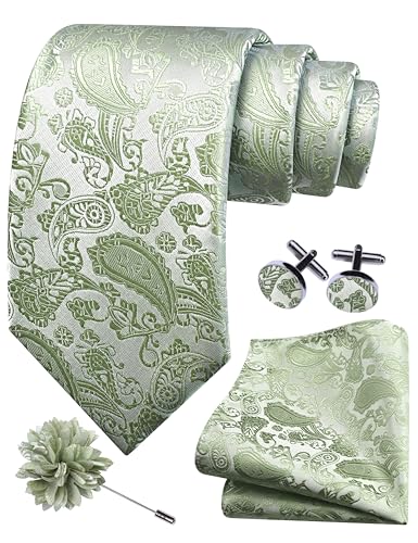 GUSLESON 3.15"（8cm） Mens Paisley Tie and Lapel Pin Necktie Hankerchief Cufflinks Set for Men - color: Dark Sage Green