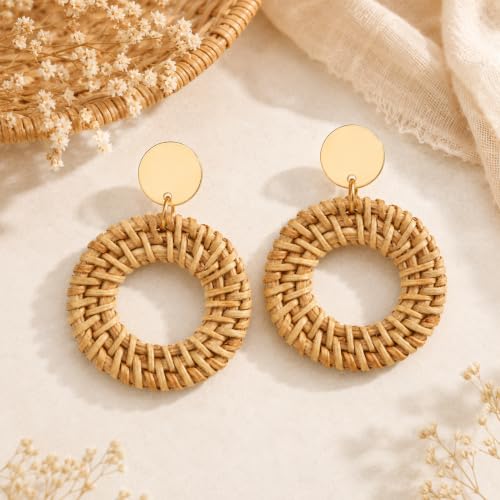 Handmade Rattan Teardrop Dangle Earrings for Women, Lightweight Boho Woven Statement Earrings with Gold Fish Hook, Natural Straw Weave Vacation Jewelry for Summer Beach - style: Natural Beige