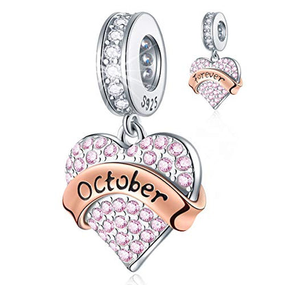 EMOSTAR Jan-Dec Birthstone Charms fits European Birthday Bracelet, Dangle 925 Sterling Silver Heart Shaped Pendant with 12 Months Birthstones, Gifts for Mom/Women - color: October Birthstone