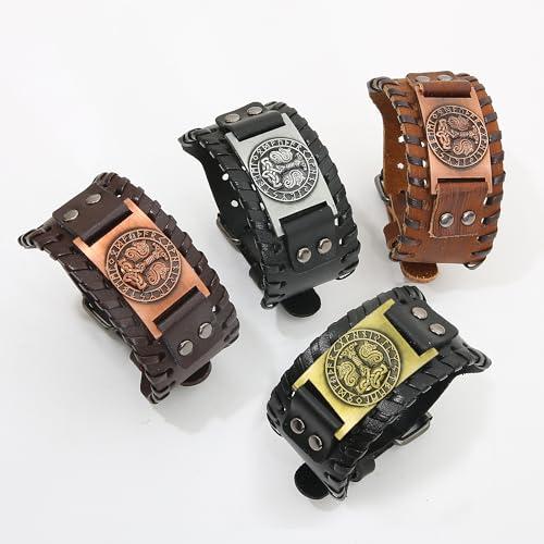 GelConnie Viking Bracelet Punk Leather Cuff Bracelet Gothic Leather Wristband Bracelet with Nordic Amulet Scandinavian Talisman Celtic Pagan Jewelry - color: MLPB082-Silver