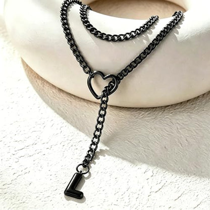Black Heart Slip Chain Initial Necklaces for Women, Stainless Steel Wrap Choker Necklace, Gothic O-Ring Adjustable Lariat Y Necklaces, Punk Cuban Collar Choker Necklace, Halloween Jewelry Gift - color: Black L