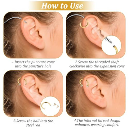 Lusofie 16g Horseshoe Nose Ring with Piercing Changing Tool - Gold Septum Rings Double Gem Surgical Steel Cartilage Helix Tragus Earring Hoop - Lip Ring Labret Piercing Jewelry 8mm 10mm