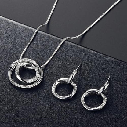 3 Circles Silver Hoop Earrings Necklace Set for Women Geometric Jewelry Set | 925 Silver Hypoallergenic Small Hoop Circle Geometry Textured Finish Minimalist Style Comfortable Wear - style: double Circle set-silver