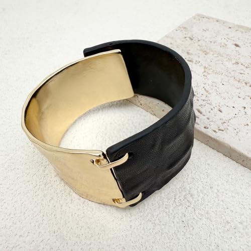 Leather Bracelet for Women Black Leather Golden Bracelet Bangle Chunky Leather Wrap Bracelet for Women Statement Jewelry Gift - style: Genuine Leather Bracelet-Gold