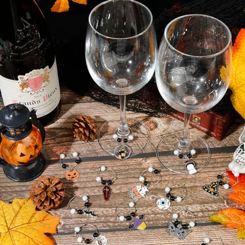 SUNNYCLUE 12Pcs Halloween Wine Glass Markers - Silver Drink Identifiers for Gathering, Holiday Gifts & Party Favors - style: 12 Sets Silver Tone Halloween Drink Identifiers & Upgraded Gift Box