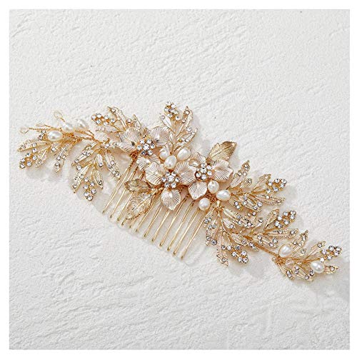 SWEETV Handmade Wedding Hair Comb Clip Rhinestone Bridal Hair Comb Piece, Gold Hair Accessories for Brides Wedding - color: 1.Gold