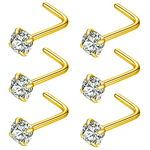 316L Surgical Steel 22g/20g/18g Nose Rings Studs L-Shape Nose Nostrial Piercing Body Jewerly L Shaped Nose Studs 1.5mm 2mm 2.5mm 3mm CZ Nose Screw Studs Rings for Women - style: 6pcs/L-shape/18g/3.0mm Clear CZ/Gold