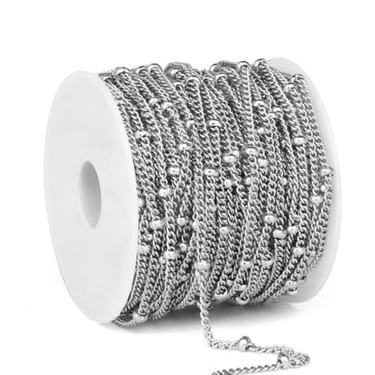 33FT 2mm Stainless Steel Satellite Curb Chains Roll Bulk for Jewelry Making | 304 Stainless Steel Ball Beaded Twisted Link Satellite Chain Spool for DIY Craft - color: Stainless Steel Small Beads Satellite Curb Chain