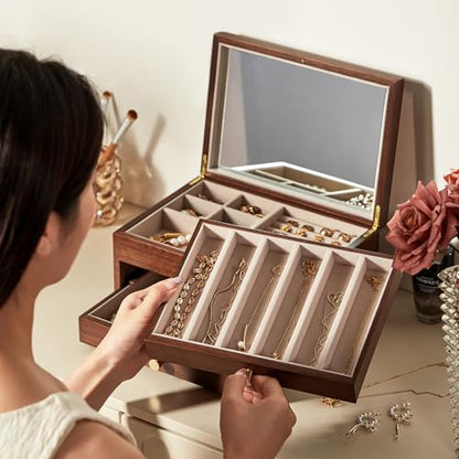 Black Walnut Wooden Jewelry Box Women with One-way Vision Mirror | Large Wood Jewelry Drawer Organizer, Glass Lid, With Mirror, For Necklaces Watch Ring Earring, Gift for Her, Velvet-Lined - style: 3 Layer A