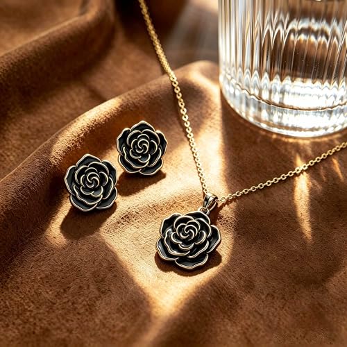 Enamel Rose Necklace and Earrings Jewelry Set for Women | 14K Gold Plated,Rose Represent: Love Gratitude Prid,Adjustable Chain Fit,Elegant Sets for Daily and Party Wear,Gift Box - color: Black