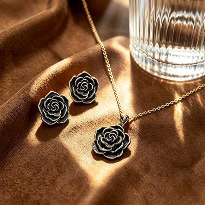 Enamel Rose Necklace and Earrings Jewelry Set for Women | 14K Gold Plated,Rose Represent: Love Gratitude Prid,Adjustable Chain Fit,Elegant Sets for Daily and Party Wear,Gift Box - color: Black