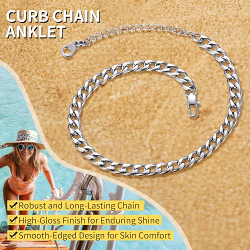 ChainsHouse Ankle Bracelets for Women, Stainless Steel Beaded Chain Ankle Bracelet, Womens Heart Anklets for Summer Beach Jewelry Gifts - color: B: cuban-5mm-stainless