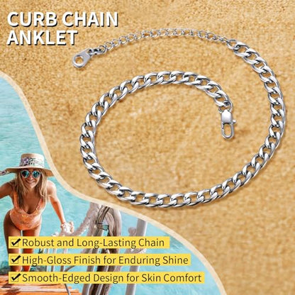 ChainsHouse Ankle Bracelets for Women, Stainless Steel Beaded Chain Ankle Bracelet, Womens Heart Anklets for Summer Beach Jewelry Gifts - color: B: cuban-5mm-stainless