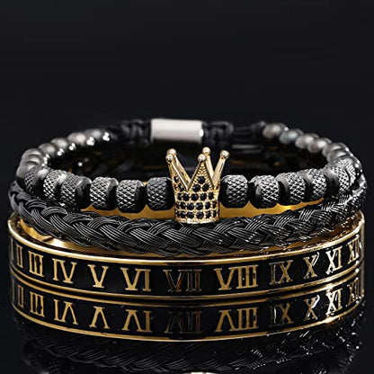 WFYOU 3PCS Stainless Steel Imperial Crown Bracelets for Men Gold Roman Numeral Bangle Bracelet Adjustable Cuff Bracelet Mens Luxury Jewelry Gifts - style: 02:Black & Gold-Roman Numeral