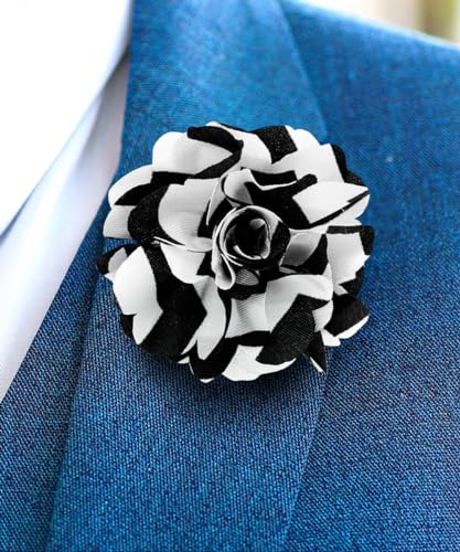 Premium Men's Formal Striped Flower Lapel Pin - Boutonniere for Men, Flower Brooch Pin - color: Black/White