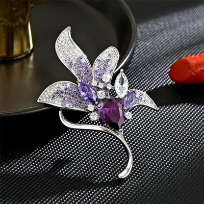 Elegant Purple Lily Flower Brooch Pin Delicate Austrian Crystal Rhinestone Floral Leaf Badges Lapel Pins Clothing Dress Wedding Corsage Accessories Trendy Banquet Prom Jewelry for Women Lady Wife Mom