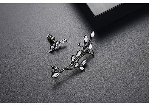 Ear Climber Crawler Earring for Women Cubic Zircon Leaves Stud Earrings | TEMICO Sexy Black Crystals Leaf Ear Cuffs Cartilage Post Studs Hypoallergenic Jewelry