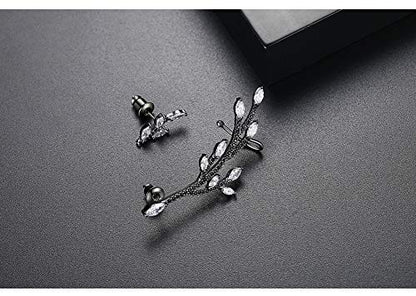 Ear Climber Crawler Earring for Women Cubic Zircon Leaves Stud Earrings | TEMICO Sexy Black Crystals Leaf Ear Cuffs Cartilage Post Studs Hypoallergenic Jewelry