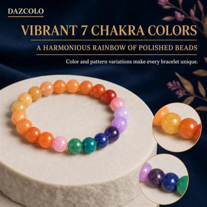 8mm Natural Crystal Stretch Bracelet | Handmade Round Stone Bead Bracelet, Runs Large, Meditation Yoga Gift for Women & Men - color: 7 Chakra