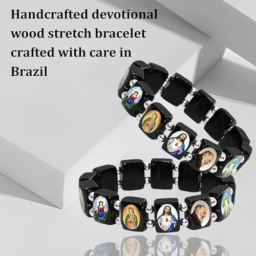 Catholica Shop Devotional Catholic Religious Wood Stretch Bracelets. Small and Large Panels with Assorted Images of Saints, Jesus and Mary. Unisex. Handcrafted in Brazil - style: Small Silver Tone