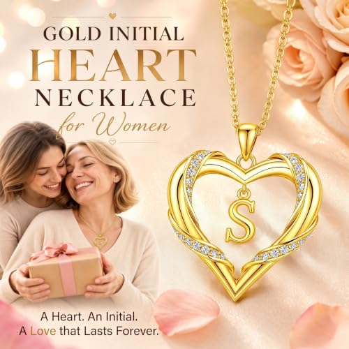 Midari 18K Gold Initial Letter Necklace for Women 18K Gold Initial Heart Capital Monogram Necklace for Mom Wife Alphabets from A-Z - color: S