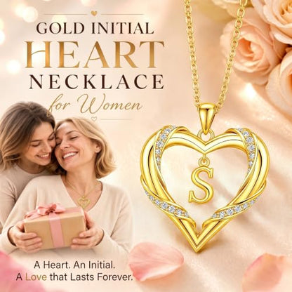 Midari 18K Gold Initial Letter Necklace for Women 18K Gold Initial Heart Capital Monogram Necklace for Mom Wife Alphabets from A-Z - color: S