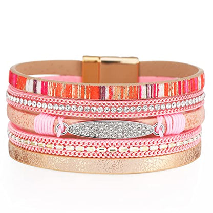 Long tiantian Boho Western Bracelets for Women Leather Wrap Bracelets Turquoise Bracelet Western Jewelry Country Concert Outfits - color: all weather bangles(pink)