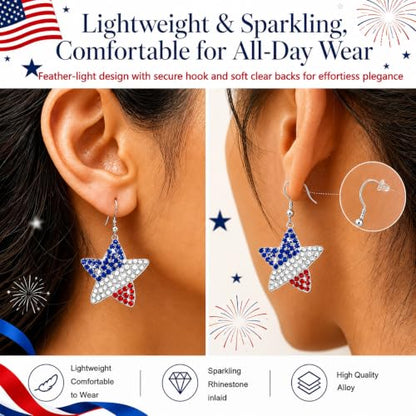 Go Ho 4th of July Earrings for Women, American Flag Red White and Blue Sparkly Crystal Dangle Earrings, Patriotic Jewelry Accessories - color: red white blue