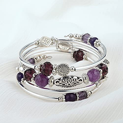 FULU AUTUMN Stackable Beaded Bracelets for Women Boho Wrap Silver Bracelet Layered Fashion Jewelry Gifts for Her - color: Purple