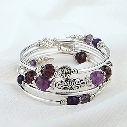 FULU AUTUMN Stackable Beaded Bracelets for Women Boho Wrap Silver Bracelet Layered Fashion Jewelry Gifts for Her - color: Purple