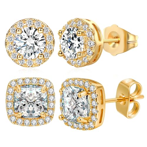 MDFUN Halo Stud Earrings 18K Gold Plated Round/Square/Heart/Teardrop Cubic Zirconia Earrings Set for Women - color: B-Round/Square