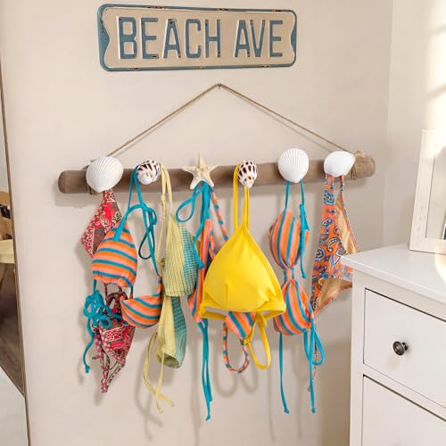 Novabright 16 Inch Bikini Hanger for Wall Seashell Bikini Rack Wall Mounted Swimsuit Organizer with Seashell Accents Coastal Swimwear Storage Rack for Beach Bathrooms Closets Vacation Homes - style: Tropical Ocean