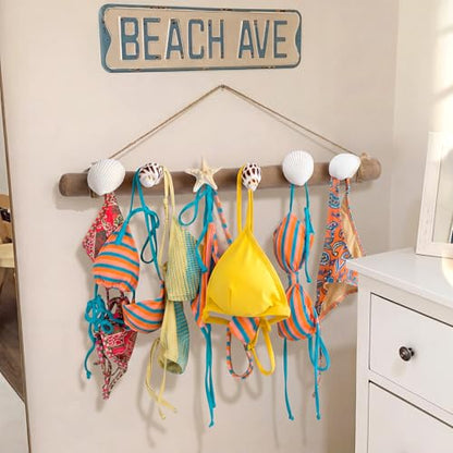 Novabright 16 Inch Bikini Hanger for Wall Seashell Bikini Rack Wall Mounted Swimsuit Organizer with Seashell Accents Coastal Swimwear Storage Rack for Beach Bathrooms Closets Vacation Homes - style: Tropical Ocean