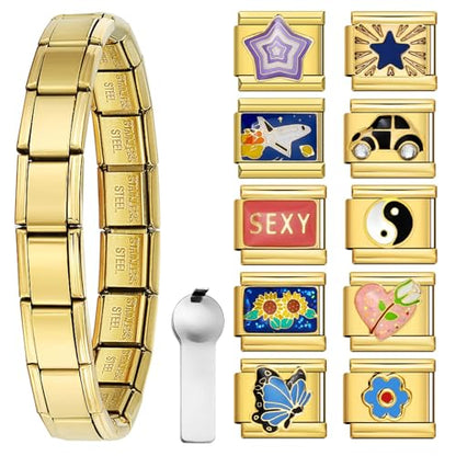 Italian Charm Bracelet with 10 or 20 Charms, Stainless Steel Adjustable DIY Charm Bracelet for Women & Men, Includes Opener Tool – Gold or Silver Options - color: Gold-10PCS