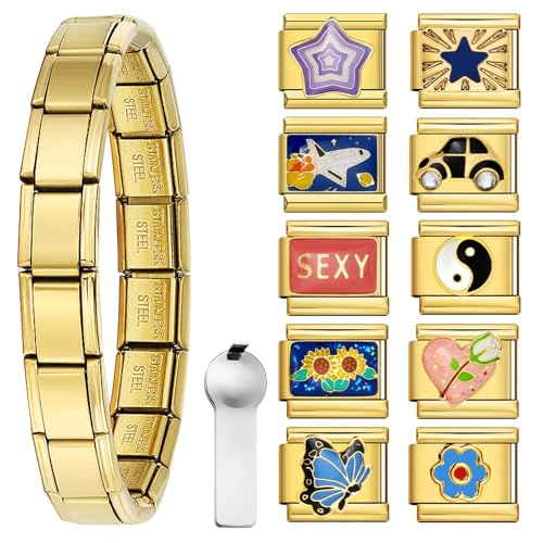 Italian Charm Bracelet with 10 or 20 Charms, Stainless Steel Adjustable DIY Charm Bracelet for Women & Men, Includes Opener Tool – Gold or Silver Options - color: Gold-10PCS